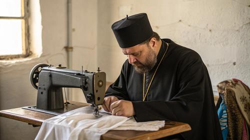 Крымский батюшка собственноручно шьет простыни для солдат Крымский батюшка собственноручно шьет простыни для солдат