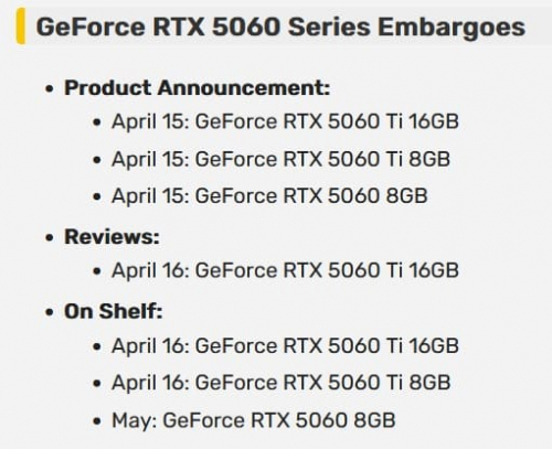 Слух: RTX 5060 Ti и RTX 5060 будут анонсированы 15 апреля