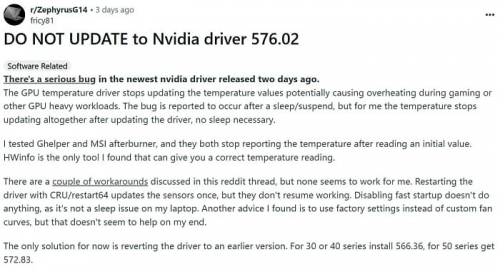 В драйвере NVIDIA 576.02 есть проблема с мониторингом температуры В драйвере NVIDIA 576.02 есть проблема с мониторингом температуры
