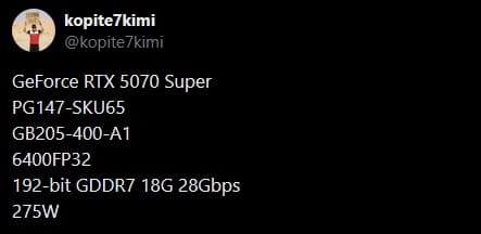 NVIDIA GeForce RTX 5070 SUPER: 6400 CUDA-ядер и 18 Гбайт GDDR7 NVIDIA GeForce RTX 5070 SUPER: 6400 CUDA-ядер и 18 Гбайт GDDR7
