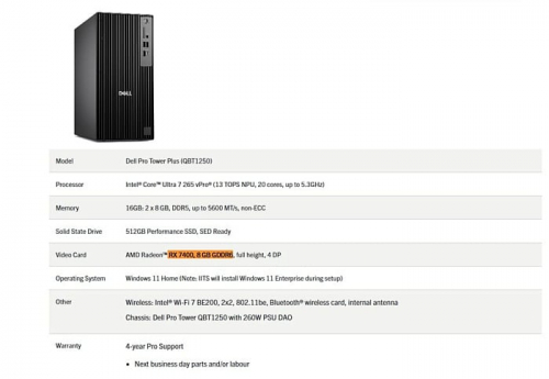 Видеокарта AMD Radeon RX 7400 фигурирует в системе Dell Pro Tower Plus