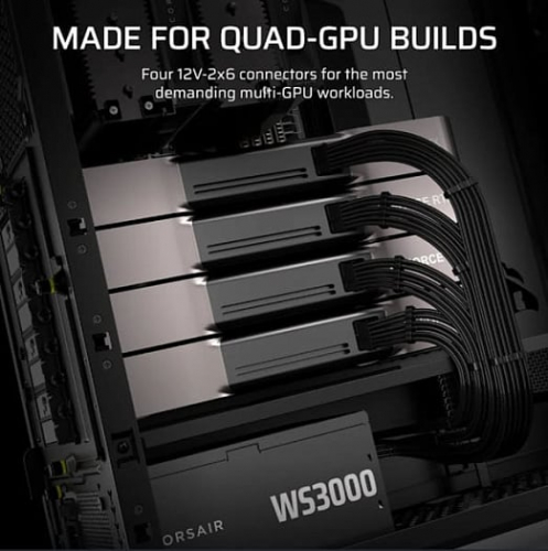 Блок питания CORSAIR WS3000 поддерживает подключение четырёх видеокарт через 12V-2x6 Блок питания CORSAIR WS3000 поддерживает подключение четырёх видеокарт через 12V-2x6