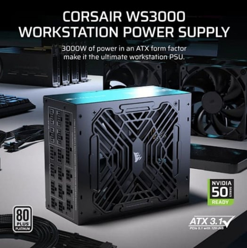 Блок питания CORSAIR WS3000 поддерживает подключение четырёх видеокарт через 12V-2x6 Блок питания CORSAIR WS3000 поддерживает подключение четырёх видеокарт через 12V-2x6