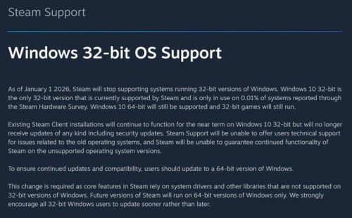 Steam полностью откажется от 32-битных операционных систем в первый день 2026 года Steam полностью откажется от 32-битных операционных систем в первый день 2026 года