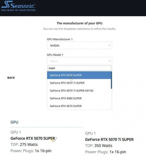 В калькуляторе мощности БП от Seasonic появились видеокарты NVIDIA RTX 5000 SUPER В калькуляторе мощности БП от Seasonic появились видеокарты NVIDIA RTX 5000 SUPER