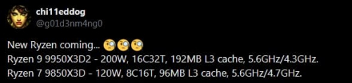 Слух: AMD разрабатывает Ryzen 7 9850X3D и Ryzen 9 9950X3D2 со 192 Мбайтами кэша