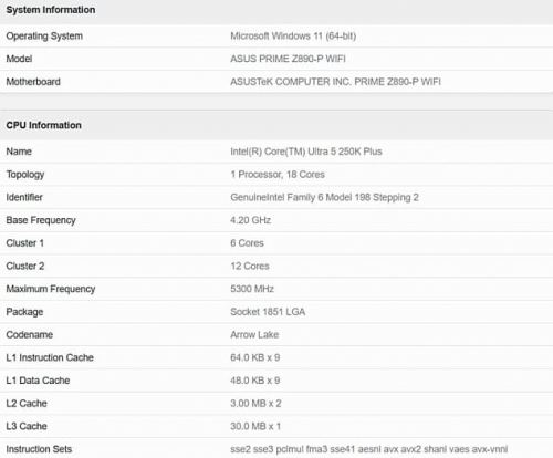 Core Ultra 5 250K впервые продемонстрировал возможности в Geekbench Core Ultra 5 250K впервые продемонстрировал возможности в Geekbench