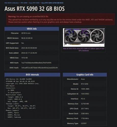Ещё одна утечка XOC vBIOS видеокарты ASUS ROG Astral RTX 5090 с лимитом питания 2000 Вт Ещё одна утечка XOC vBIOS видеокарты ASUS ROG Astral RTX 5090 с лимитом питания 2000 Вт