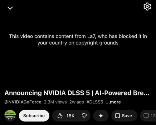 Видео с представлением NVIDIA DLSS 5 было заблокировано из-за итальянского ТВ